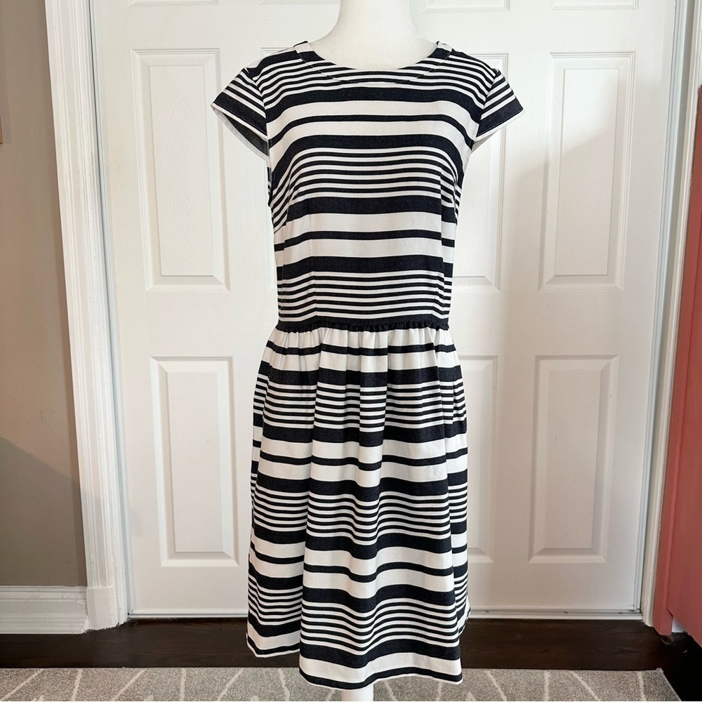 Betsey Johnson Navy & White Striped Denim Cap Sleeve Dress